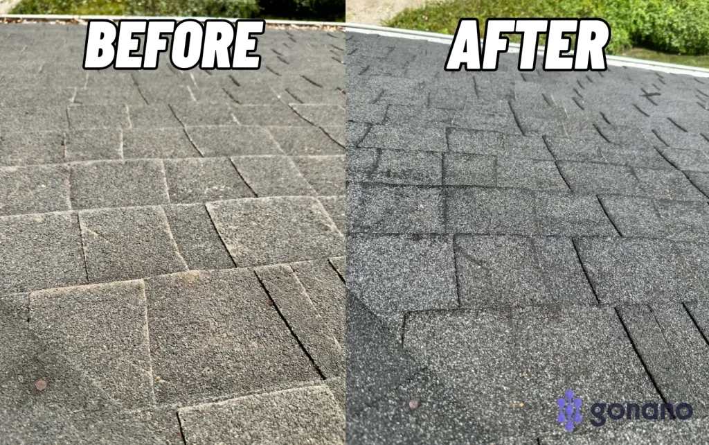Before and after GoNano roof treatment in Redlands